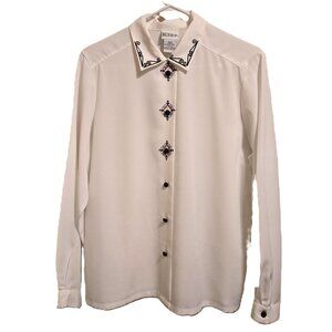 KORET Vintage Grandmacore White w/ Black Embroidered Trim Blouse, Women's 10